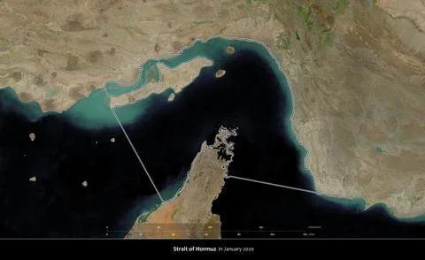 Strait of Hormuz map, Middle East outlined on a satellite image taken in January Ilustração Stock