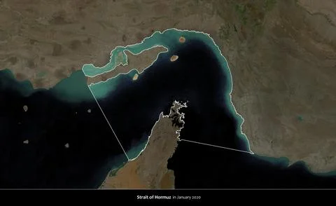 Strait of Hormuz map, Middle East outlined on a satellite image taken in January Ilustração Stock