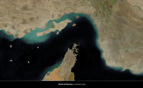 Strait of Hormuz map, Middle East on a satellite image taken in January 2020 Ilustração Stock