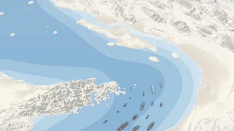 Strait of Hormuz Nautical Chart 3D Map with Cargo Ships and Tankers Stock Footage 344046489