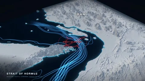 Strait of Hormuz white 3D terrain relief map on a black sea with glowing cyan 動画素材 344008827