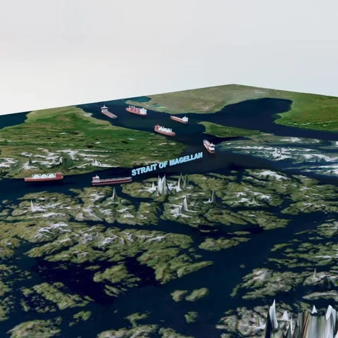 Strait of Magellan 3D Terrain and Cargo Ships 4K Square 스톡 동영상 339794726