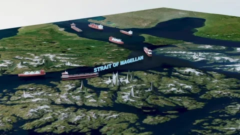Strait of Magellan 3D Terrain and Cargo Ships 4K Horizontal Stock Footage 339794735