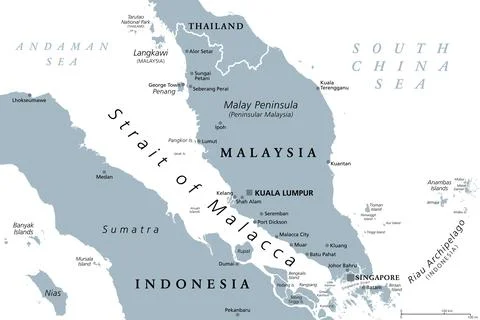 Strait of Malacca, a main shipping channel and lane, gray political map Stock Illustration
