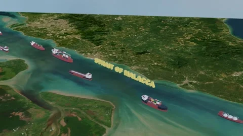 Strait of Malacca Maritime Logistics and Shipping Lane 3D Animation Stock Footage 332044201