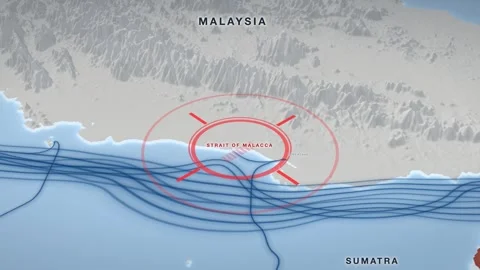 Strait of Malacca naval blockade map on a pale 3D terrain relief 스톡 동영상 344265717