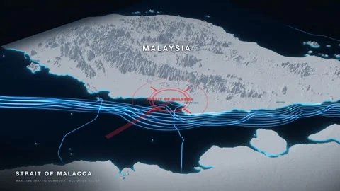 Strait of Malacca white 3D terrain relief map on a black sea with glowing cyan Stock Footage 344008826
