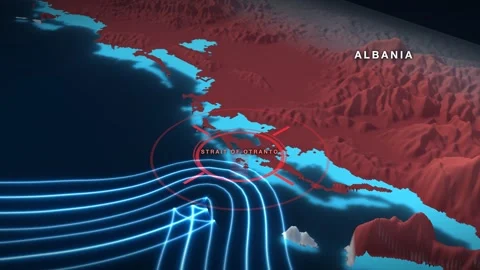 Strait of Otranto 3D terrain relief map on a near-black sea Stock Footage 344545678