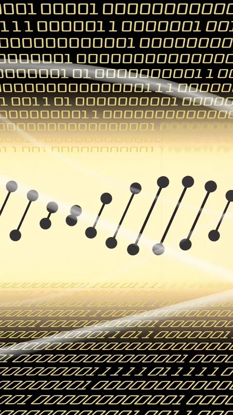 Strand oscillating on golden gradient, scrolling binary bits initiating cubic Stock Footage 333005932