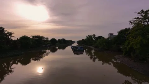 Stranded Cargo Barge On River During Low Tide Stock-Footage 340488837