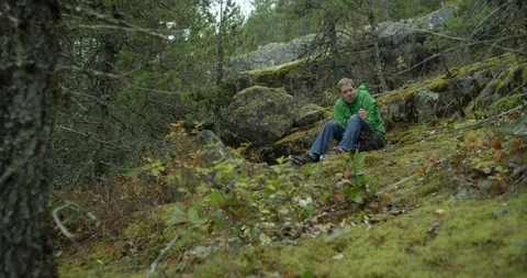 Stranded man petting a rescue dog in forest Stock Footage 86248389