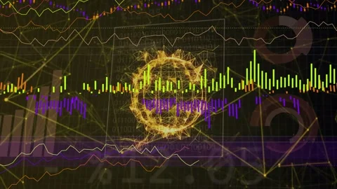 Strands forming golden wireframe sphere, rotating, pulsating; dashboards Stock Footage 335761808