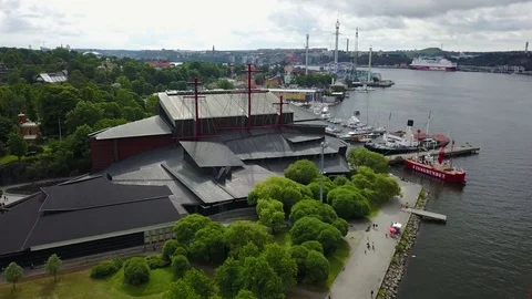 Strandvägen in stockholm from above, shot following the waterfront Stock Footage