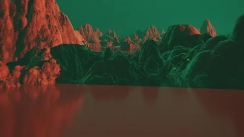 Strange alien planet covered with red rocky landscape and water. Flying over the Stock Footage 246057225