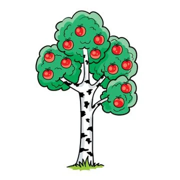 Strange birch tree on which apples grow, cartoon illustration, isolated objec Stock Illustration