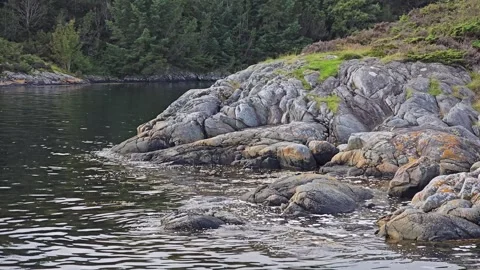 Strange Boulder Formations Meeting the Sea Near Dense Forest Stock-Footage 344895845