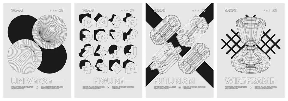 Strange extraordinary graphic assets wireframes of geometrical shapes and b.. Illustrazione stock