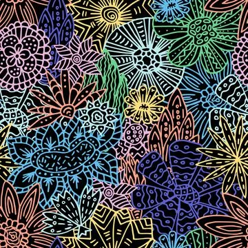 Strange flowers. Seamless colorful pattern in doodle style. Line art, vector Illustrazione stock