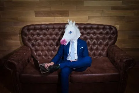 Strange guy in elegant suit working in home office Stock Photos