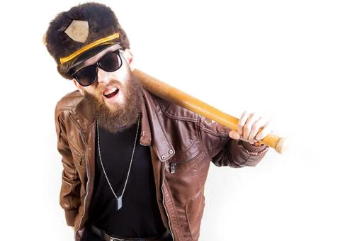 Strange man with baseball bat looking like a fake cop. Stock Photos