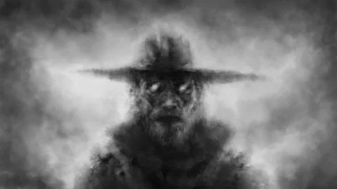 Strange man in a big hat. An evil wizard walks in the fog. Stock Illustration