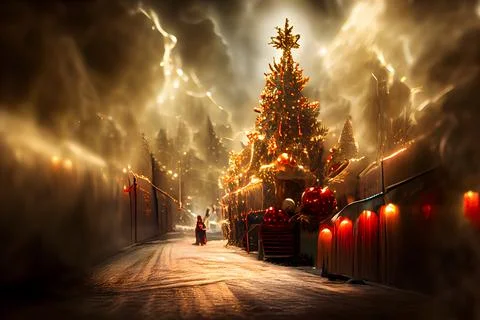 Strange night cristmas street background with christmas spruce trees, snow and Stock Illustration