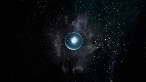 Strange pulsating object appears in outer space after explosion. UFO Stock Footage 98756164