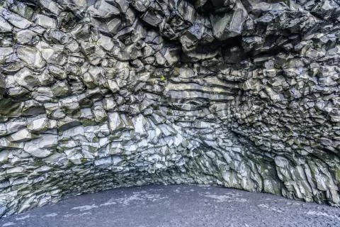 Strange stone structures on the black beach reynisfjara Stock Photos