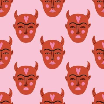 Strange ugly devil faces. Valentine seamless pattern. Red devils. Stock Illustration