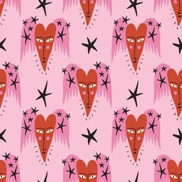 Strange ugly hearts with faces. Vector clipart Valentine seamless pattern. イラスト素材