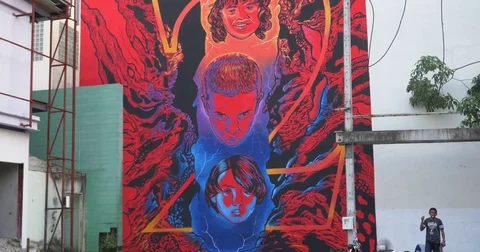 Stranger things 2 wall mural in bangkok Stock Footage 82552486