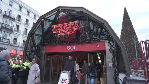 Stranger Things themed Sol metro station entrance in Madrid Stock Footage 328579674