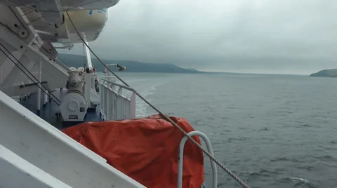 Stranraer to Belfast Ferry looking back from side at Scottish landscape in fog 動画素材 35837571