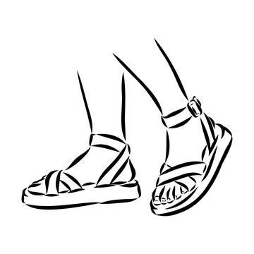 Strap sandal outline drawing vector, strap sandal in a sketch style, Stock Illustration