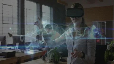 Strapping VR headset at desk and selecting data with swiping holographic layers Stock Footage 311901044