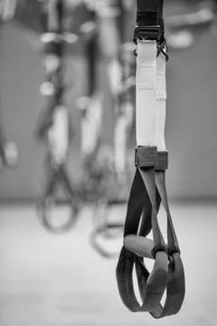 Straps training loop equipment. Black functional training equipment on grey b Stock Photos