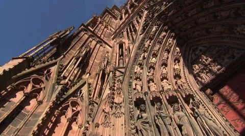 Strasbourg Cathedral portal of breathtaking stonemason art (pan shot) Stock Footage 59186053