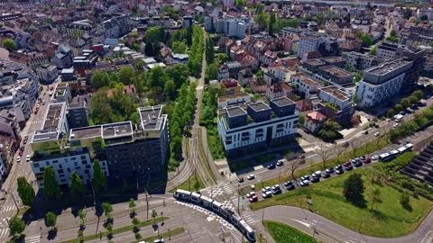 Strasbourg Tram Crossing Intersection Aerial View Quartier de l'Étoile Stock Footage 337239416