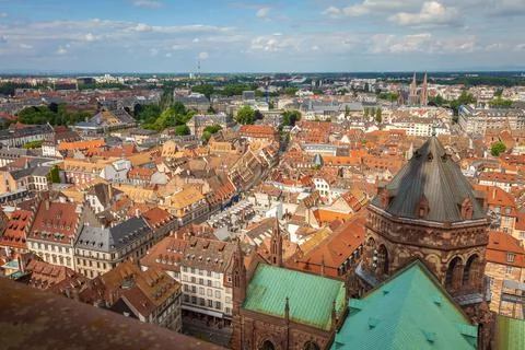 Strasbourgs roofs pattern from above gothic cathedral, Alsace, France Stock Photos