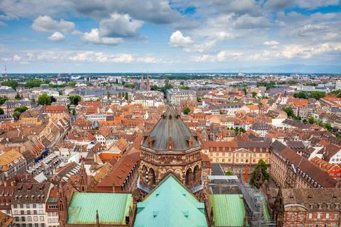 Strasbourgs roofs pattern from above gothic cathedral, Alsace, France Stock Photos