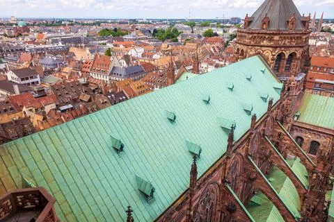 Strasbourgs roofs pattern from above gothic cathedral, Alsace, France Stock Photos