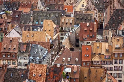Strasbourgs roofs pattern from above gothic cathedral, Alsace, France Stock Photos