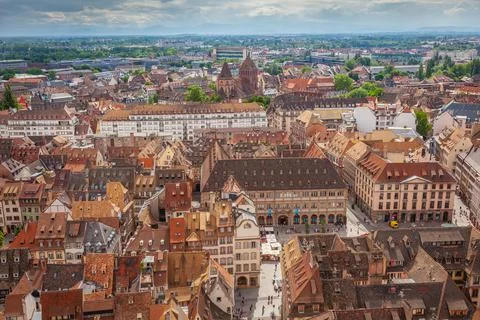 Strasbourgs roofs pattern from above gothic cathedral, Alsace, France Stock Photos