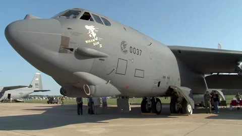 Strategic bomber Boeing B-52 Stratofortress in Russia. US Air Force.  MAKS-2011 Stock Footage