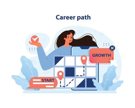 Strategic career path plotting, with a professional at the start. Ilustración de archivo