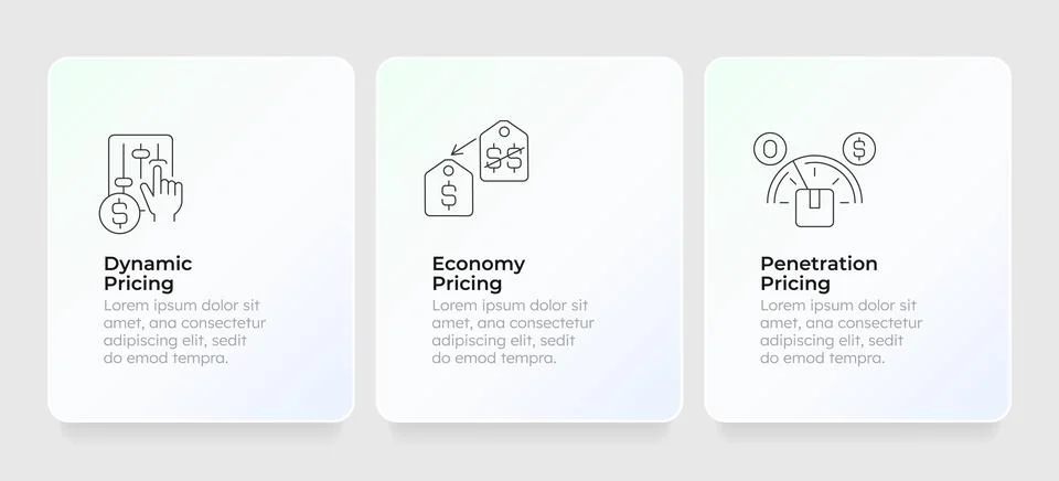 Strategic digital pricing models feature cards layout Stock Illustration