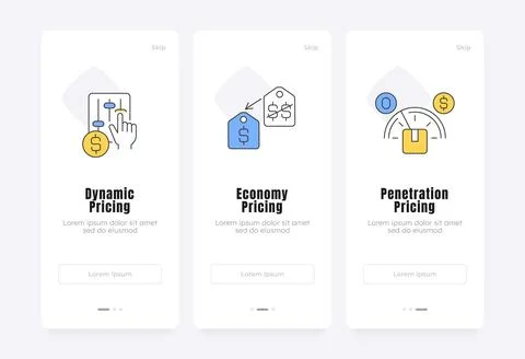 Strategic digital pricing models onboarding screens Stock Illustration