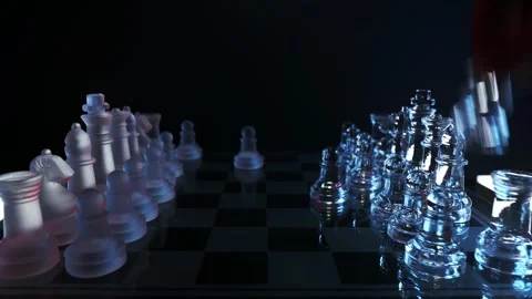 Strategic move of two hands playing in a glass chess game on a dark background Video stock 347189849