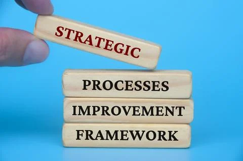 Strategic process improvement framework text on wooden blocks. Business cul.. Foto stock
