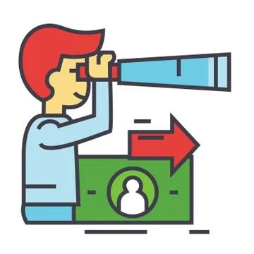 Strategic vision, future trends, man with spyglass, strategy concept. Stock Illustration